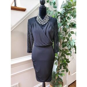 Thalia Sodi Black Solid Polyester V-Neck Lace Long Sleeve Knee Length Dress L/G